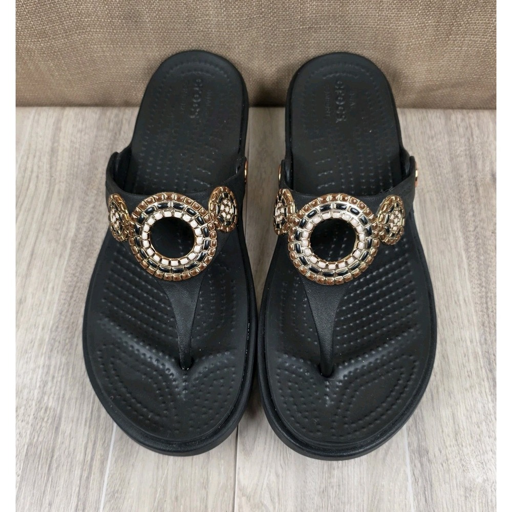 Crocs Sanrah Diamante Wedge Mosaic Gem Black Flip Flop Slip On Sandals Womens 8